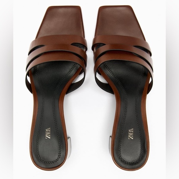 NWT. Zara Brown Leather Block Heel Mules. Size 6. - Picture 3 of 10